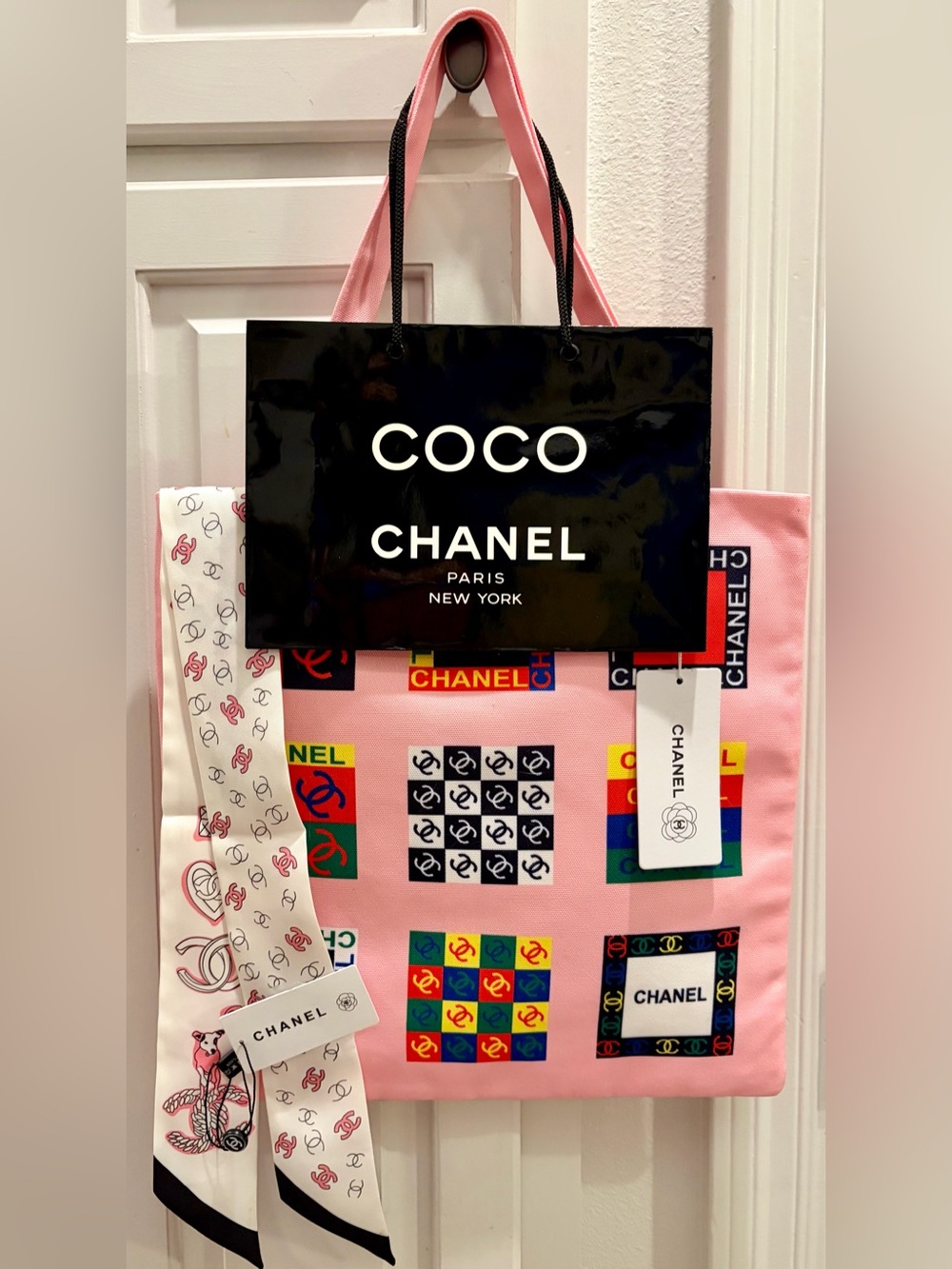 AUTHENTIC RARE CHANEL BLACK BAG & Pink  Logo Print Canvas Tote/100% Silk Scarf
